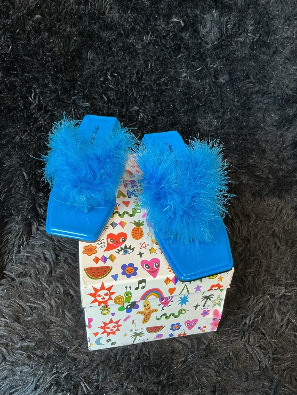 Jeffrey Campbell Bright Blue Feathered square-toe mule heel